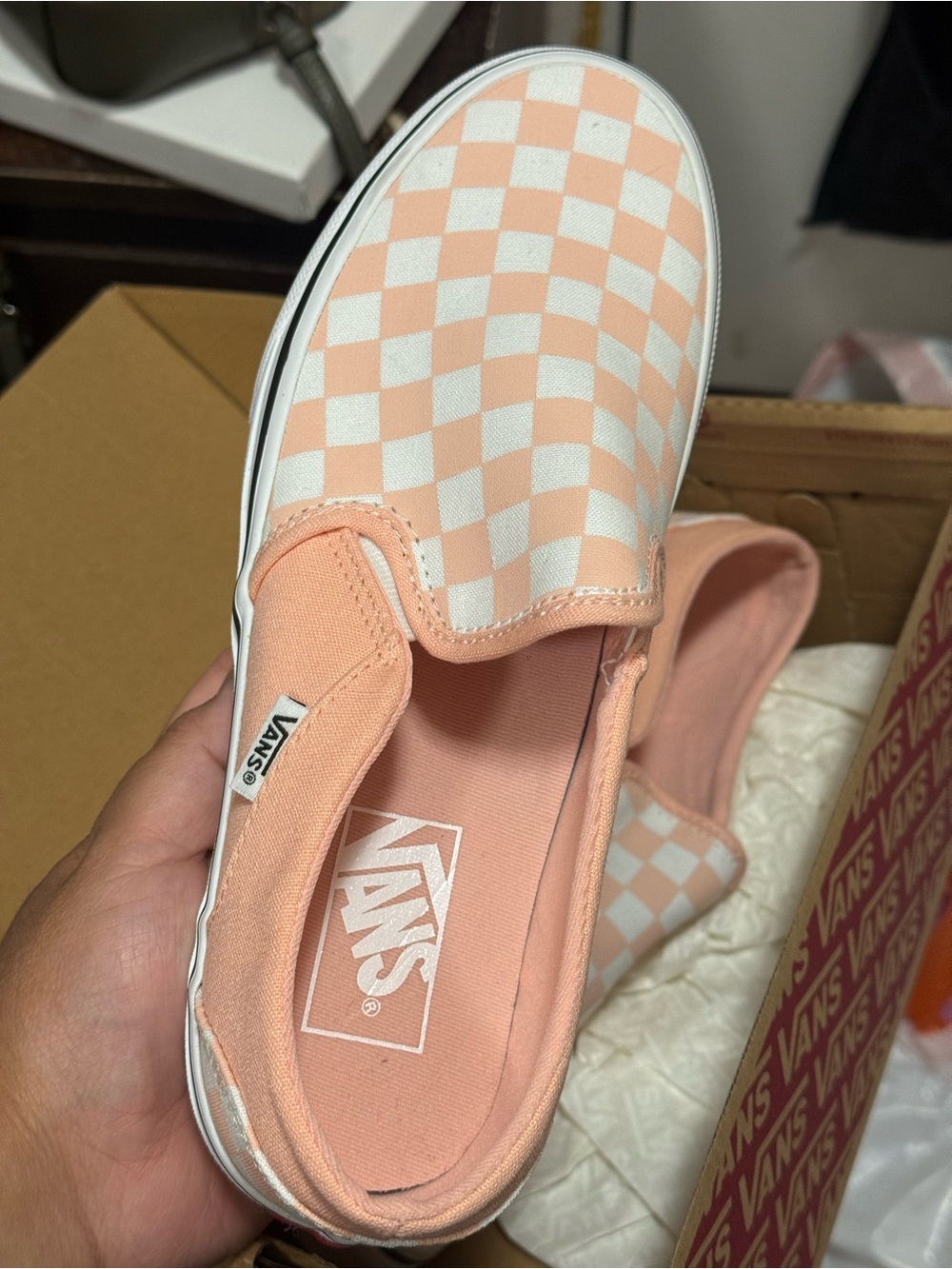 Vans Peach & White Checkerboard Slip-On